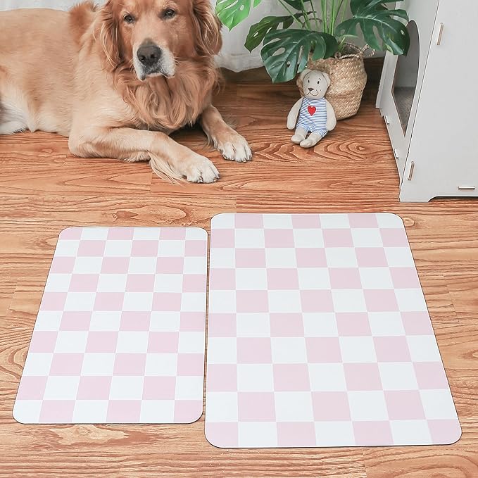 Ralxion Checkered Dog Feeding Mat, Absorbent Mats for Dog Food and Water Bowl, Dispenser, Feeder, Retro Aesthetic Pastel Pink Checkerboard Pet Placemat for Dogs, Cats, Puppy Accessories, 16" X 24”