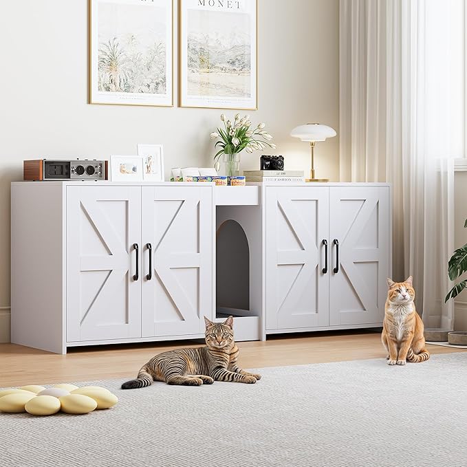 Cat Litter Box Enclosure Furniture - Hidden Litter Box Double Cabinet with Scratch Pad & Cats Bed | Farmhouse Style End Table for Cats | Discreet Cat Washroom for Living Room & Bedroom White
