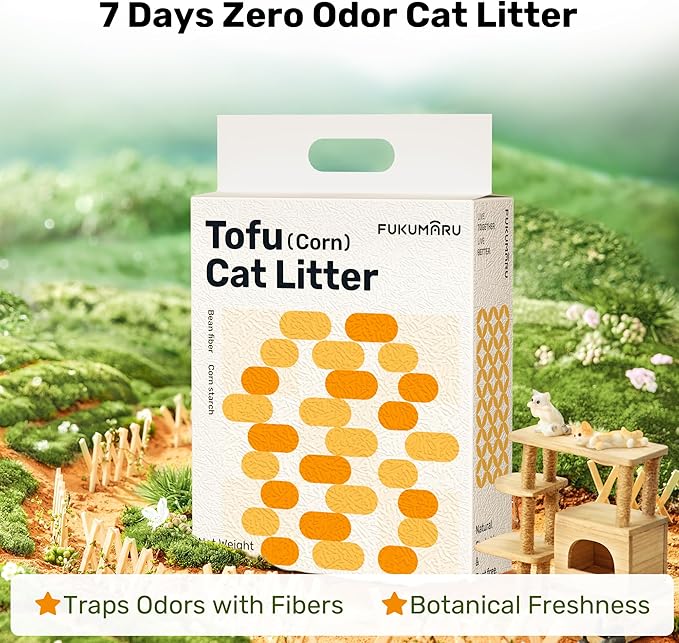 FUKUMARU Tofu Cat Litter, 32lb Fast Clumping & Superior Odor Control, 100% Natural with Bean Dregs & Corn Starch, Dust-Free, Flushable, Low Tracking, Ultra Absorbent, Lightweight, 8lb x 4 Bags