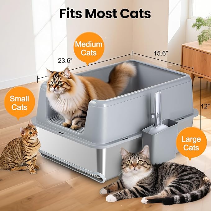 23.6''x15.6''x12'' Stainless Steel Sifting Litter Box with Sifter, Pine Pellet Litter Box with Lid for Big Cats, Built-in Sifter, No Waste Bag Needed, Easy to Clean & Durable (Grey)