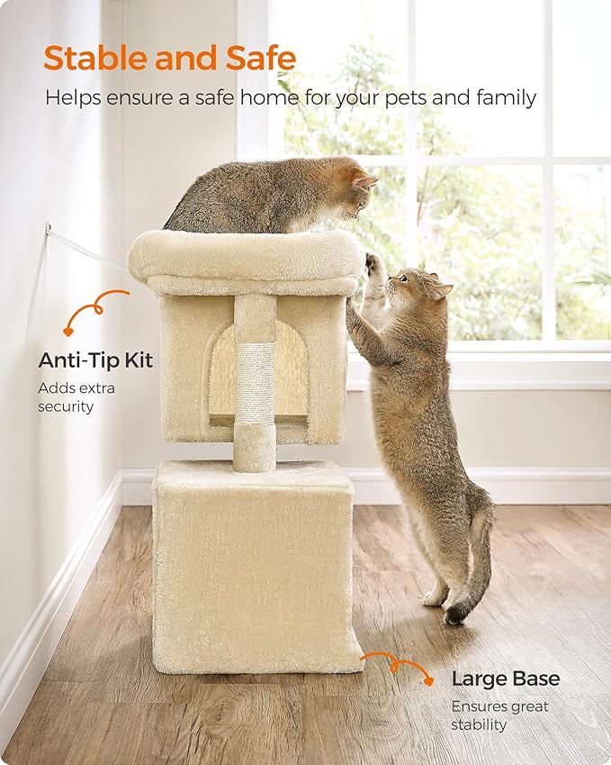 Feandrea Cat Tree, 26.4-Inch Cat Tower, S, Cat Condo for Kittens up to 7 lb, Large Cat Perch, 2 Cat Caves, Scratching Post, Beige UPCT611M01