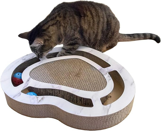Furhaven Scratching Pad Ball Track Cat Toy w/ Catnip for Indoor Cats - Heart-Shaped Busy Box Scratcher - White Marble, One Size