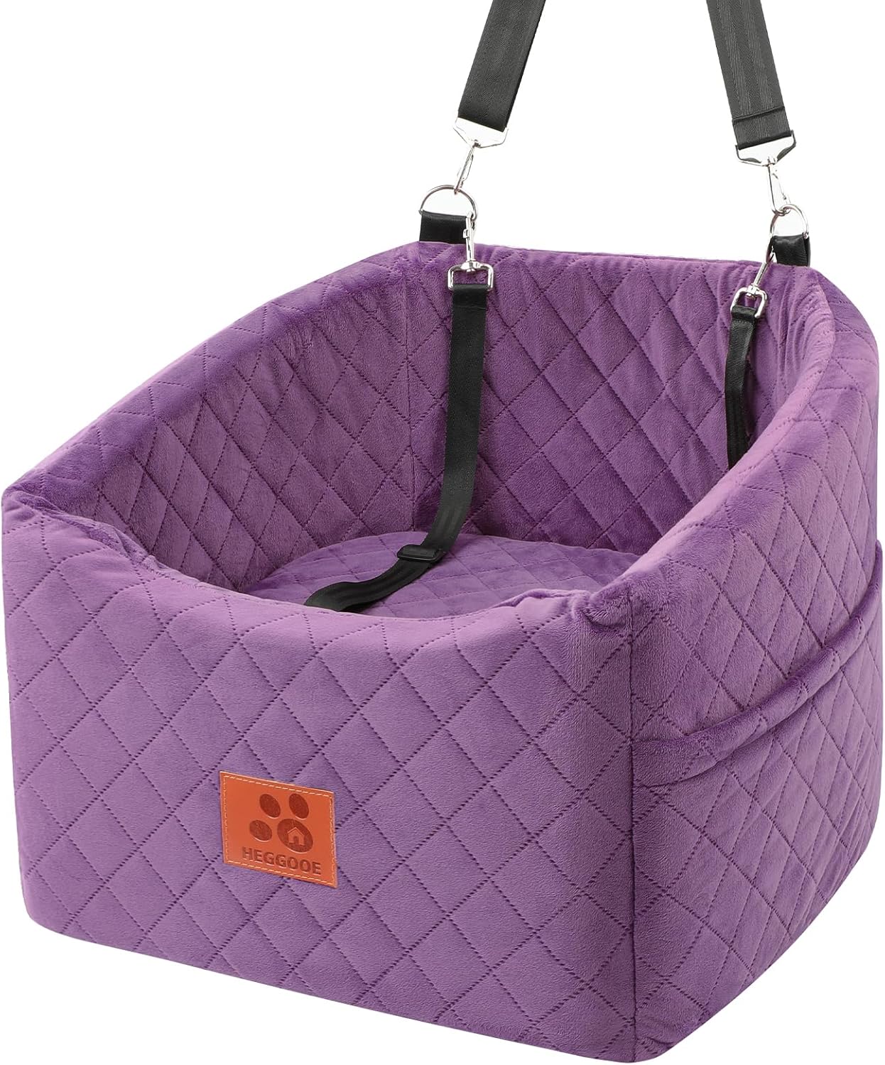 Dog Car Seat for Small Medium Dogs, Memory Foam Pet Booster Seat for Dogs up to 35 lbs, Elevated Dog Carseat, Travel Safety Bed with Washable Removable Cover and Storage Pockets (Purple)