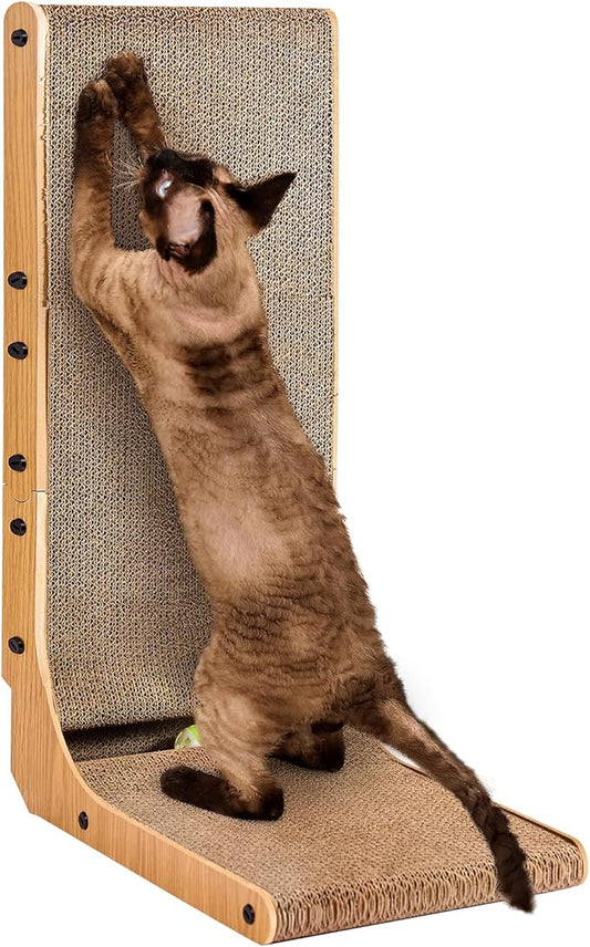 EHEYCIGA Cardboard Cat Scratcher for Indoor Cats, 26.8 Inch L Shaped Vertical Cat Scratching Board with Ball Cat Toy, Large Cat Scratcher Pad, Brown