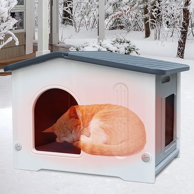 Rockever Plastic Outdoor Indoor Cat House with Insulated Liner, 100% Insulated Outdoor Cat Houses for Winter Feral Cats, Waterproof Escape Door Design, Assemble Easily-Grey
