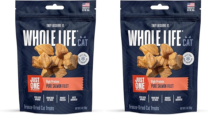 Whole Life Pet Just One Salmon - Cat Treat Or Topper - Human Grade, Freeze Dried, One Ingredient - Protein Rich, Grain Free, Made in The USA (Pack of 2)