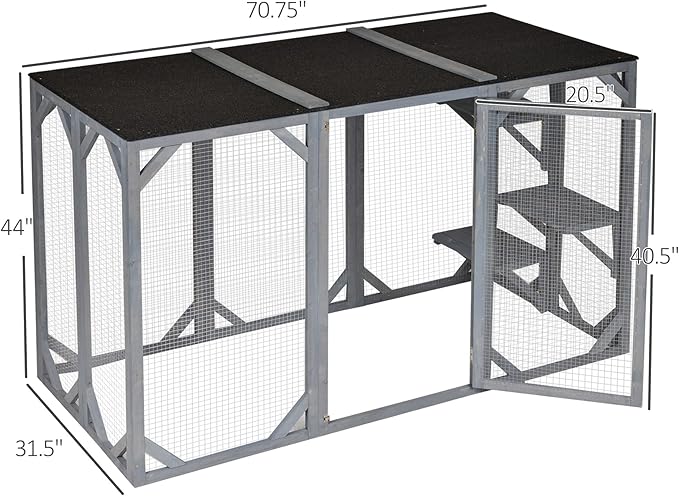 PawHut Outdoor Cat House - Wooden Feral Cat Shelter with Platforms, Large Entrance, Weather Protection Asphalt Roof, 71" L, Gray