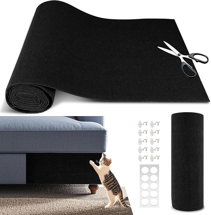 Cat Scratch Furniture Protector, 78.7"x15.8" Self Adhesive Cat Scratch Mat Pad,Cut to Fit DIY Replacement Carpet for Tree,Wall,Bed,Door, Couch Protector (Black)