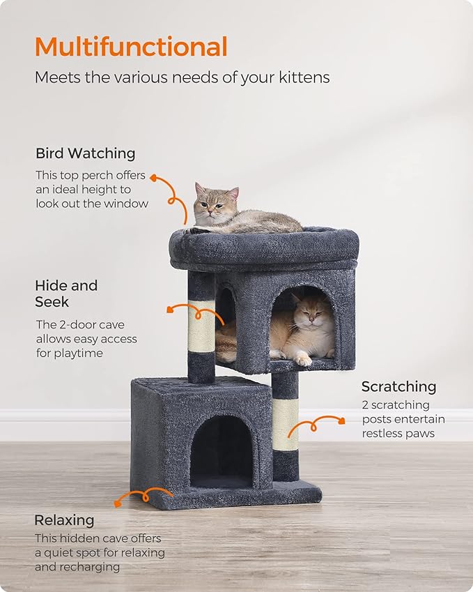 Feandrea Cat Tree, 26.4-Inch Cat Tower, S, Cat Condo for Kittens up to 7 lb, Large Cat Perch, 2 Cat Caves, Scratching Post, Smoky Gray UPCT611G01