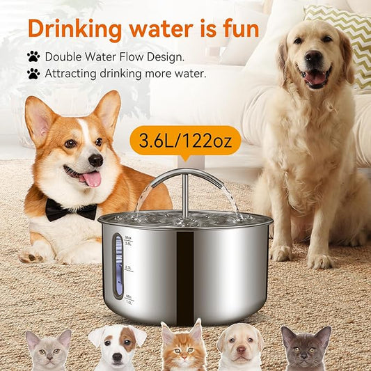 Cat Water Fountain, Large Capacity Stainless Steel Pet Water Fountain for Cats Inside,3.6L/121oz Automatic Dog Dispenser Water Bowl, Multiple Pets Water Fountain