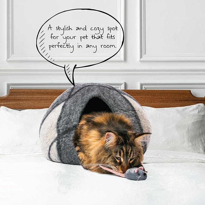 Large Wool Cat Cave Premium Felt Bed for Cats & Kittens Pet House Natural 100% Merino Wool Handmade Indoor Hideaway Eco-Friendly Cove 19 Inch Diameter Round Handcrafted Dome (Large Gray White)