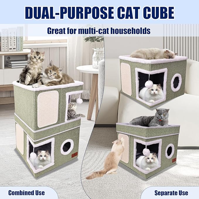 2-Story Cat House for Indoor Cats, Dual-Purpose Cave Bed with Scratch Pad and Fluffy Ball, Foldable Cat Hideaway, Cute Condo Furniture for Multi Small Pet Kitten, Green