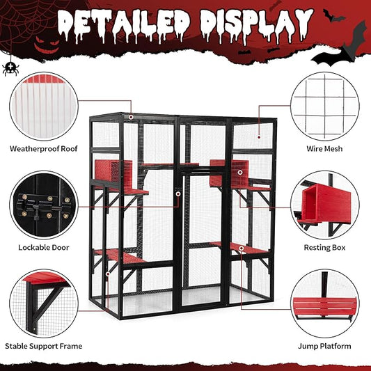 71Inches Large Wood Catio Outdoor Cat Enclosure with Perches and Condos, Cat House Indoor with Waterproof Roof, Cat Shelter 7 Platforms & 2 Resting Box, UV Resistant (Gothic)