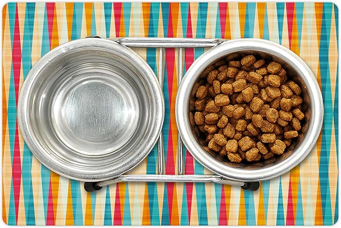 Lunarable Abstract Pet Mat for Food and Water, Colorful Formless Vertical Bands Contrast Tones Spectrum Design, Non-Slip Rubber Mat for Dogs and Cats, 18" X 12", Marigold Peach