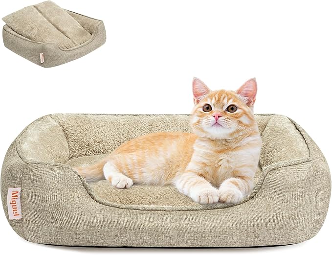 Miguel Washable Faux Linen Cat Beds for Indoor Cats with Removable Cushion Pillow, Easy to Wash Small Dog Bed with Side, Rectangle Kitten Bed Cuddle Puppy Bed with Anti-Slip Bottom, Beige 20 Inch