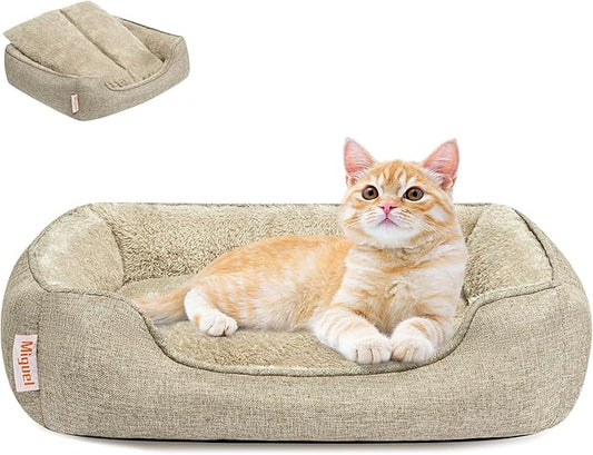 Miguel Washable Faux Linen Cat Beds for Indoor Cats with Removable Cushion Pillow, Easy to Wash Small Dog Bed with Side, Rectangle Kitten Bed Cuddle Puppy Bed with Anti-Slip Bottom, Beige 20 Inch