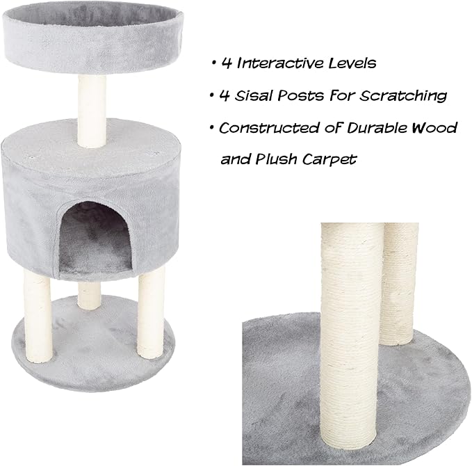 4-Tier Round Cat Tower - Large Cat Condo, Napping Perch, and 4 Sisal Rope Scratching Posts - Cat Tree for Indoor Cats by PETMAKER (Gray)