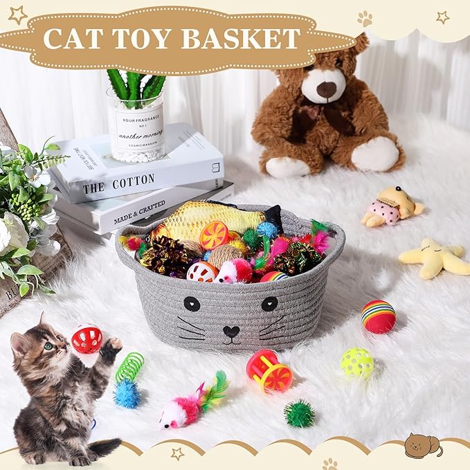Zopeal 58 Pcs Cat Storage Basket Gift Toys Set, Colorful Flashing Balls Pet Bell Crinkle Balls Spring Toys Attract Cat to Swat, Bite, Hunt, Interactive for Pet(Grey,9.8 Inch)