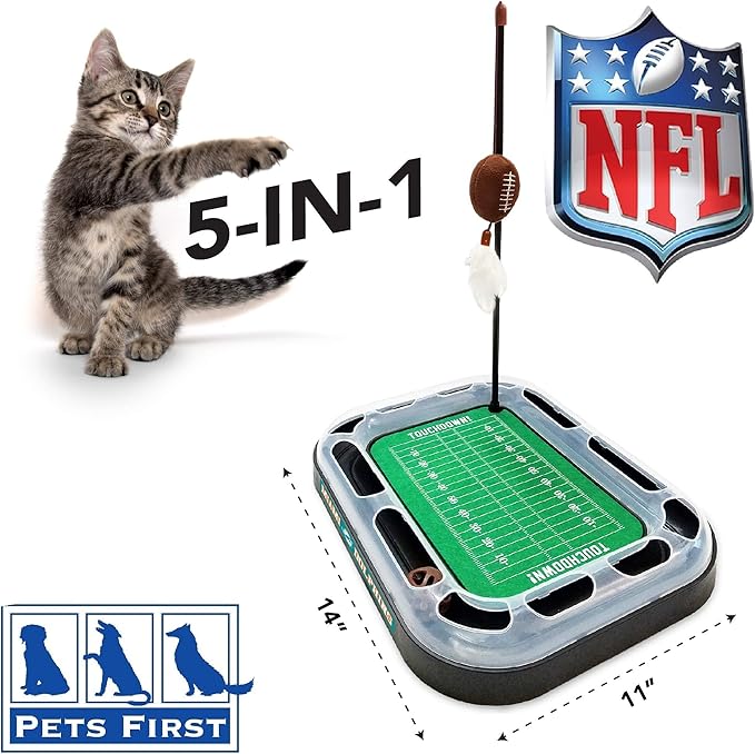 Cat Football Field NFL MIAMI DOLPHINS FOOTBALL FIELD CAT SCRATCHER TOY with CATNIP Filled Plush FOOTBALL Toy & Feather Cat Toy hanging, with Jingle Bell INTERACTIVE BALL Cat Chasing 5-in-1 KITTY Toy