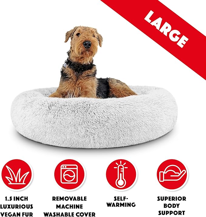 The Dog’s Bed Donut Large Dog Bed, Sound Sleep, Ice White Fur Calming Nest Bed, Veterinary Approved