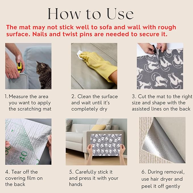 Set of Two 39.4’'x15.8’’ Trimmable DIY Upholstery Cat Anti-Scratch Mat - Asisumption Self-Adhesive Pads for Carpet, Cat Tree Shelves Replacement, Cat Climbing Walls and Couch Protector (Grey Cats)