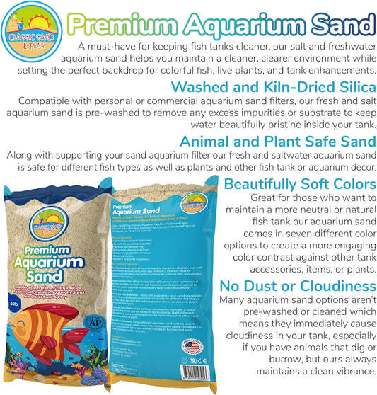 CLASSIC SAND & PLAY Natural Aquarium Sand for Freshwater and Saltwater Tanks, 40 lb. Bag, Improves Filter Life and Filtration Process, Pre-Washed Fine Sand, Natural