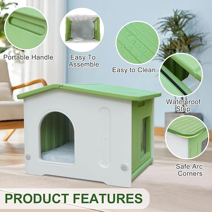 Rockever Plastic Outdoor Cat House with Escape Door, Waterproof Cat Shelters for Feral Cats Indoor Cat House with Mat, Sturdy Cat House for Outdoor Cats, Assemble Easily-Green