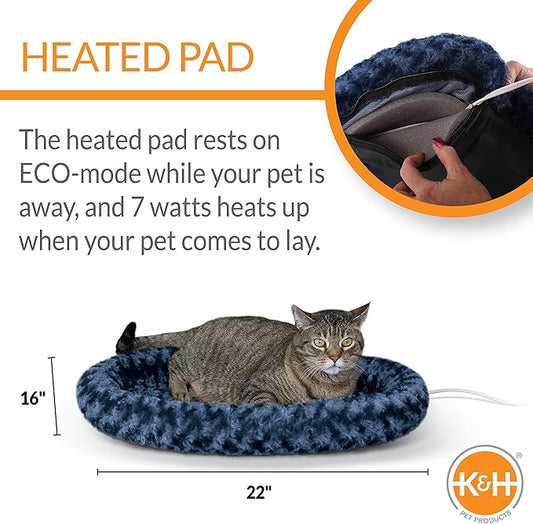 K&H Pet Products Bolster Heated Cat Bed for Indoor Cats, Thermo-Kitty Fashion Splash Orthopedic Foam Heated Pet Bed for Large Cats, Dogs, Waterproof Pet Heater, Safety Listed - Large 16 X 22in Blue