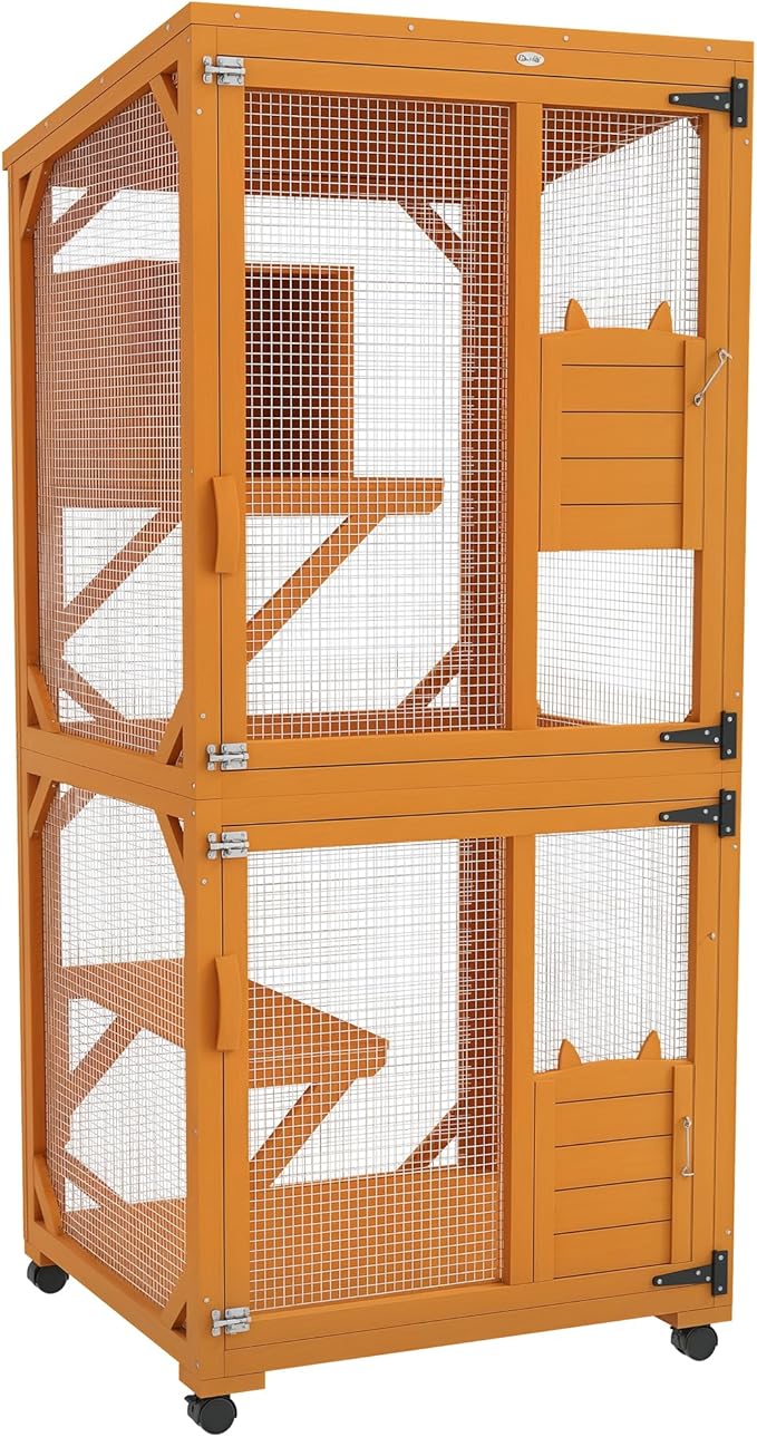 PawHut Wooden Catio with Waterproof Roof, Large Cat House with High-Up Resting Box, Indoor & Outdoor Cat Enclosure with Wheels, for 1-3 Cats, Orange