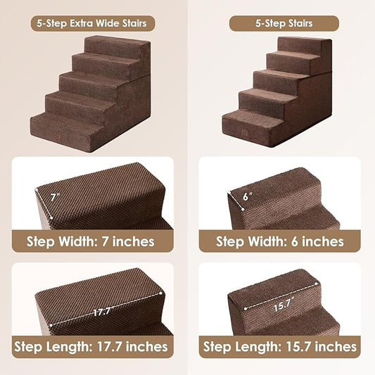 EHEYCIGA Dog Stairs for High Bed 25" H, 5-Step Extra Wide Dog Steps for Bed, Pet Steps for Small Dogs and Cats, Non-Slip Balanced Pet Ramp Indoor, Brown