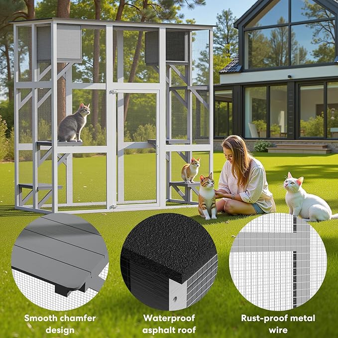 Catio Outdoor Cat Enclosure, Large Kitty House Cat Condo Playpen with Platforms & Living House for Mulitiple Cats with Waterproof Roof 71", White