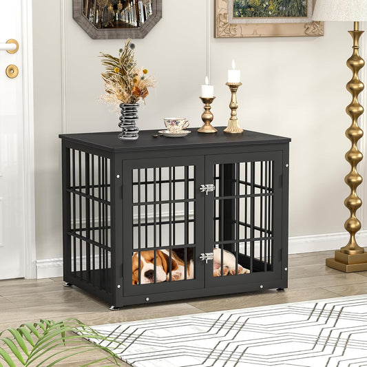 32 Inch Heavy Duty Dog Crate Furniture for Medium and Small Dogs, Decorative Pet House End Table, Wooden Cage Kennel Furniture Indoor, Black