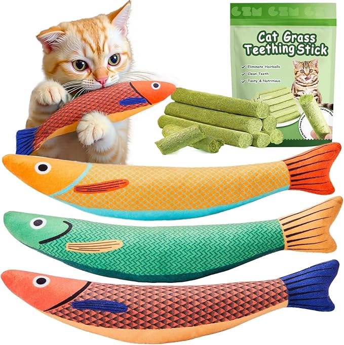 Cat Toys for Indoor Cats 9pcs Saury Fish Toy Catnip Toys Cats Interactive Toys Kitten Dental Gifts Cat Kicker Grass Stick Kitty Chew Plush with Bells