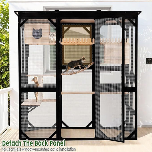 Catio Outdoor Cat Enclosure Wooden Cat House for Mulitiple Cats Walk-in Cage Window Acess with Heavy Duty Weather-Proof Asphalt Roof