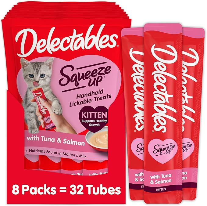 Delectables Squeeze Up Kitten Creamy Squeezable Puree, Lickable Wet Cat Treats, Grain Free, No Added Fillers, No By-Products, No Added Preservatives, 0.5 Ounces Tube Tuna & Salmon, 32 Tubes Total