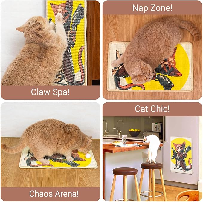 SOLDAY Sisal Cat Scratcher Mat 22x13 inch for Floor Wall Carpet Couch Furniture, Cat Scratching Posts Board with Velcro Tape, Anti Scratch Furniture Protector(Pistol Cat)