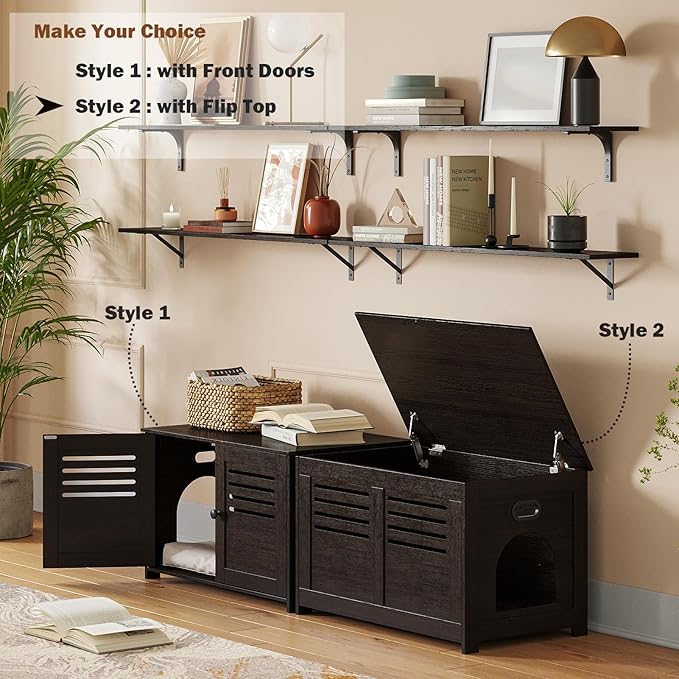 DINZI LVJ Litter Box Enclosure, Flip Top Litter Box Furniture, Good Ventilation, Hidden Cat Washroom, 27.6" L x 19.7" W x 19.7" H, Entrance Can Be on Left/Right, Wooden Cat House, Espresso