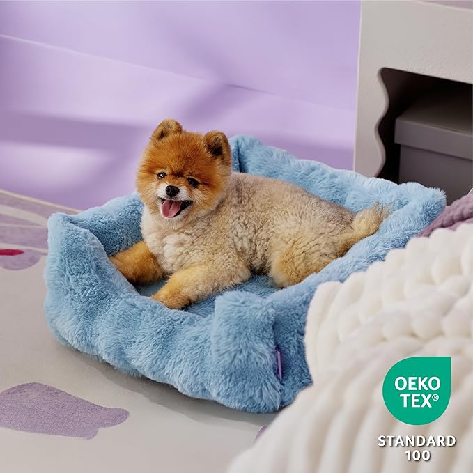 Lesure Fluffy Dog Beds for Small Dogs - Orthopedic Rectangle Calming Pet Sofa, Plush Bubble Bolster Puppy Bed with Removable Washable Cover and Nonskid Bottom,25x21x7inches,Blue