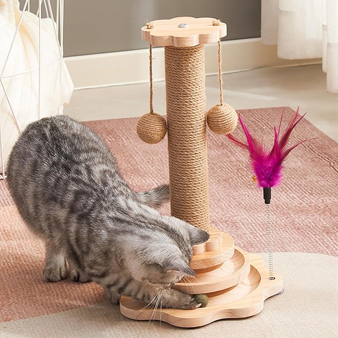 Cat Scratching Post 16'' Tall Cat Scratching Posts for Indoor Cats Adults with Hanging Ball and Interactive Wooden Ball Sisal Rope Cats Scratch Post