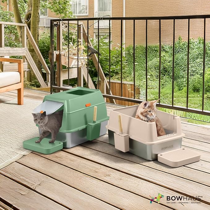 XL 3 in 1 Enclosed Extra Large Metal Litter Box w/Lid, Stainless Steel Cat Litter Box, Odorless Steel Litter Pan, Anti-Leakage & Easy Clean, High Sided Metal Litter Box w/Scoop, Green