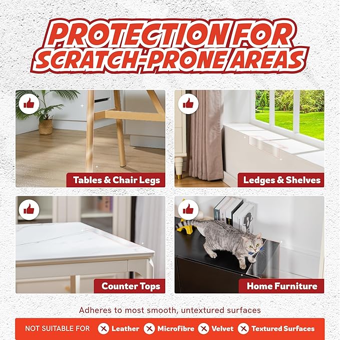 Panther Armor Anti Cat Scratch Furniture Protector Tapes, 2X Rolls, Furniture Scratch Guards for Cats, No Scratch Single Side Sticky Tape, 4in x 10ft, Transparent Gloss Protection