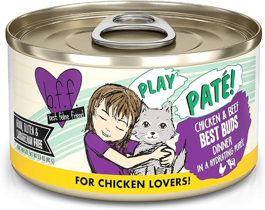 Weruva B.F.F. Play - Best Feline Friend Paté Lovers, Aw Yeah!, Chicken & Beef Best Buds with Chicken & Beef, 2.8oz Can (Pack of 12)