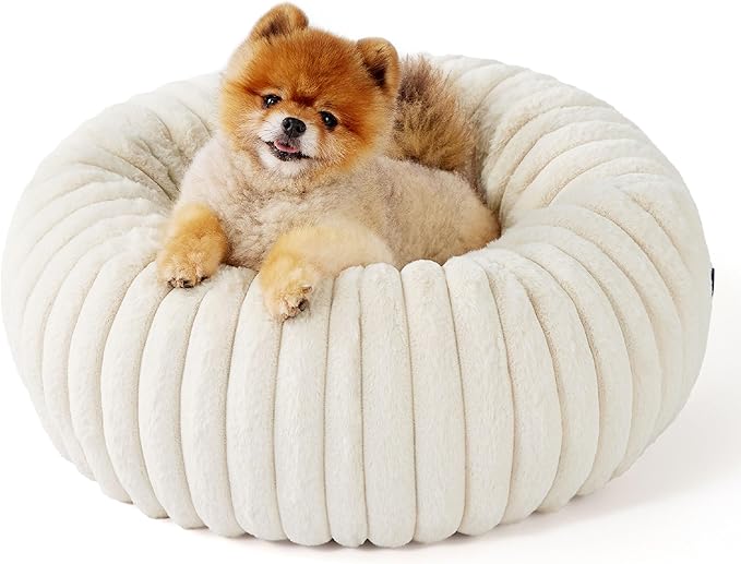 Bedsure Donut Small Dog Bed - Dog Beds for Small Dogs with Corduroy Fleece & Anti Slip Bottom, Round Faux Fur Pet Beds with Washable Removable Cover, Cream, 23x23x7 inches