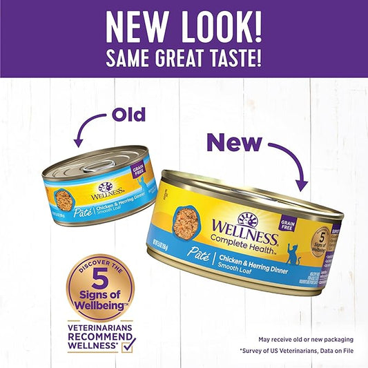 Wellness Complete Health Pate Adult Wet Cat Food, Natural, Protein-Rich, Grain Free, 5.5 Ounce, 24 Pack, (Chicken & Herring)