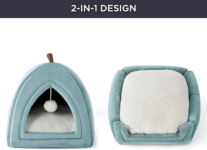 Bedsure Cat Beds for Indoor - 2 in 1 Cat Cave House Tent for Kittens and Small Pets with Removable Washable Cushioned Pillow, Foldable Kitten Hideaway with Non-Slip Bottom, Ocean Blue, 17.3 inches