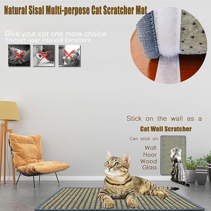 Cat Scratching Mat,23.6 x 15.7inch Sisal Cat Scratchers for Indoor Cats with Velcro Tapes,Stick on Floor Wall Cat Scratcher,Horizontal Cat Scratcher Protect Carpets and Sofas (Grid Style)…