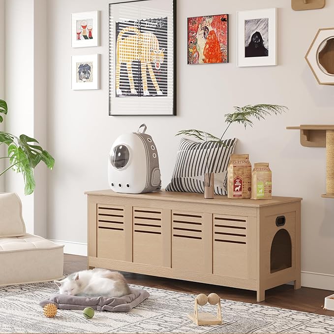 DINZI LVJ Litter Box Enclosure Furniture for 2 Cats, Flip Top Opening Hidden Litter Box with Double Rooms, Dual Pet House with Good Ventilation, 47.2" Wooden Cat Washroom, Easy Assembly, Natural