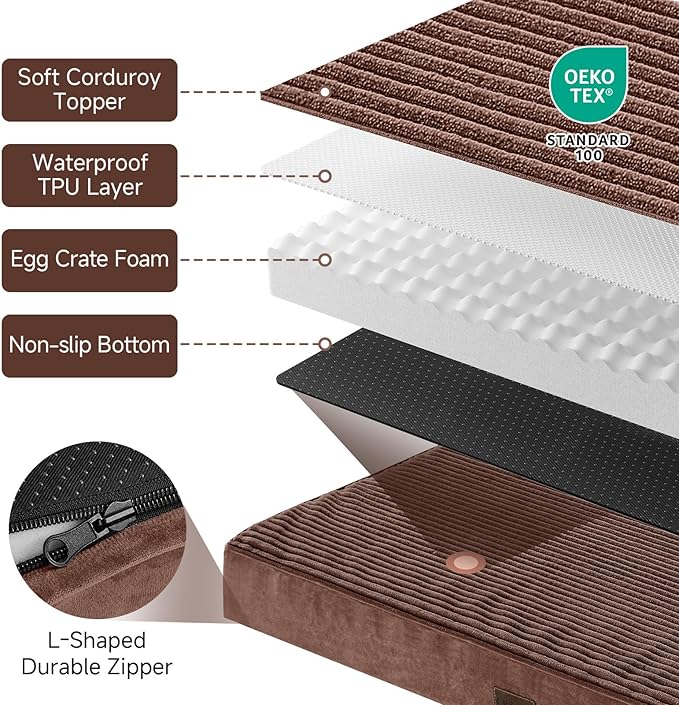 OhGeni Orthopedic Waterproof & Machine Washable Dog Bed for Large Pets, Suitable for Crates, Cat Mat with 25D Egg Crate Foam, Non-Slip Bottom & Removable Cover, Invisible Zipper, 41 Inches(Brown)