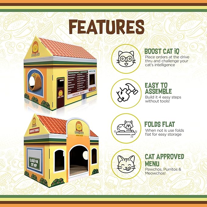 Capnip Cardboard Cat House with Scratcher for Indoor Cats – Mexican Fast Food Theme with Peek Holes, Casa Gato Design
