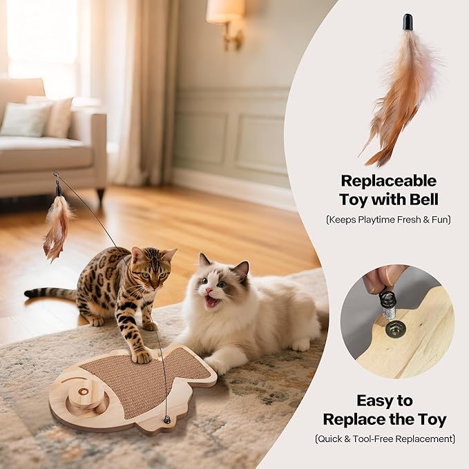 Pawise Cat Scratcher,Fish Shaped Cat Scratcher Toy,Natural Sisal Cat Scratching Board with Feather Teaser and Wooden Roller Ball Toy,Interactive Cat Toy for Indoor Cats,Kittens,+Replacement Feather